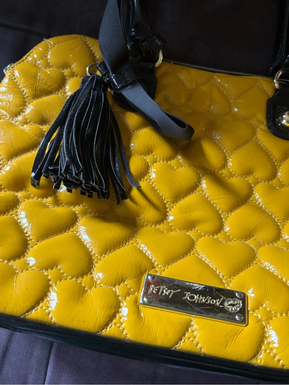 Betsey Johnson Yellow Quilted Heart Dome Satchel with Black Trim